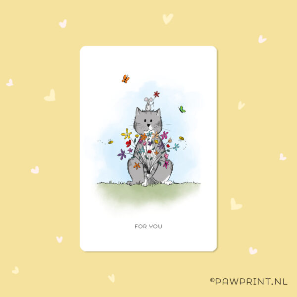 Bijzondere wenskaart met een poes en bloemen